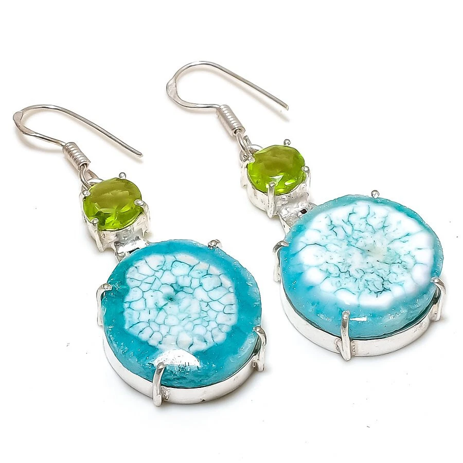 Blue Solar Quartz Druzy Gemstone Silver Plated Dangle Earrings Jewelry 2" - Image 1 of 1