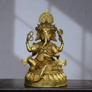 10.6"Old Tibetan Buddhism temple Bronze gilt Elephant trunk God of wealth Statue - Picture 1 of 9