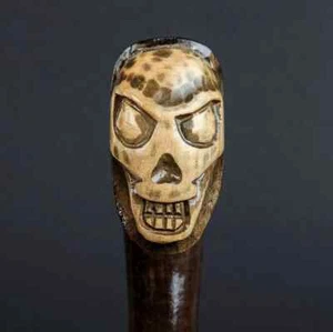 Handmade Wooden Walking Stick Carved Skull Cane | Vintage Collectible Cane - Picture 1 of 5