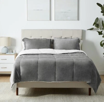 AMAZONBASICS Ultra-Soft Micromink Sherpa Comforter Bed 3 Piece Set - Charcoal, Full/Queen