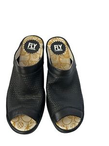 FLY LONDON Yeno Black Leather Wedge Heel Slip On Sandals Womens 38/US 7.5-8