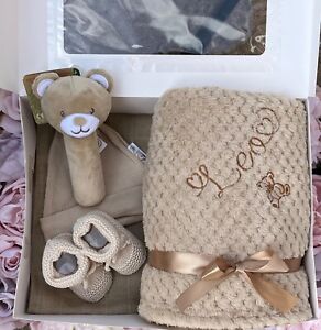 Personalised Baby Blanket gift set box teddy bear hat bootees muslin cloth toy