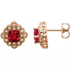Chatham® Created Ruby & 1/10 CTW Diamond Earrings In 14K Rose Gold - Picture 1 of 2