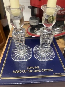 2 Irena Crystal Taper Candlestick 24% Lead Crystal Glass made in Poland 6" Tall - Picture 1 of 4