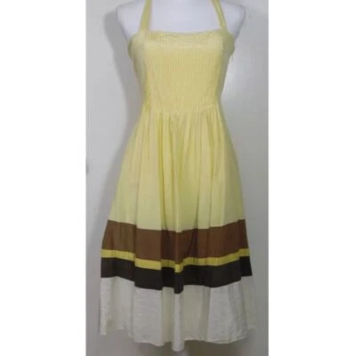 Laundry by Shelli Segal Yellow Silk Cotton Sundress Pleated Striped Dress 12 - Image 1 of 4