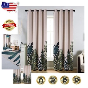 Tropical Plant Print Thermal Insulated Curtains - 2 Panels, 84” Long, Chic Decor - Picture 1 of 9