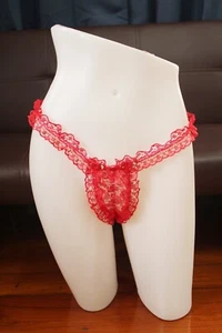 #D43 2XL/ElasticWaist24-44" Handmade Red Lace Thong Bikini Panties Knickers - Picture 1 of 7