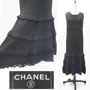 CHANEL Black Knit Flapper Style Sleeveless DRESS W/Flared Skirt Logo Button 46 - Picture 1 of 16