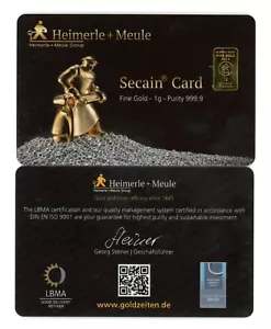 Sztabki złota 1 gram złota 999,9 karta Heimerle i Meule Secain - Zdjęcie 1 z 1