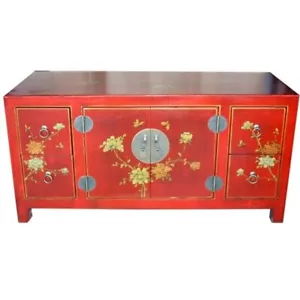 Chinese Red TV Stand Cabinet Entertainment Unit-Hand Painted Flower and Bird - Picture 1 of 4