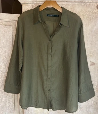Lauren Ralph Lauren Silk Cotton Blend Button Up LS Shirt Women’s Olive Green XL - Image 1 of 4