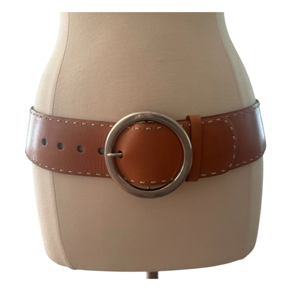 PRADA Belt Women 36 EU 90 Wide Leather Brass Round Buckle Hippie Statement Italy - Image 1 of 4