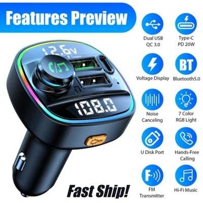 Adaptador transmisor FM inalámbrico para automóvil Bluetooth 5.0 cargador PD 2USB manos libres Foto 1 de 4