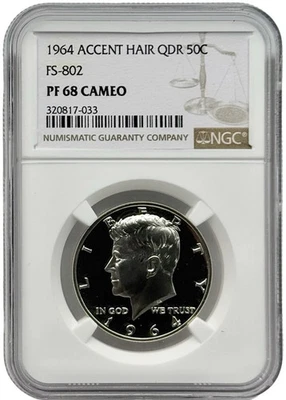 1964 Kennedy Half Accented Hair QDR FS 802 NGC PF68 Cameo POP 2/0 PR68 Cameo - Image 1 of 4
