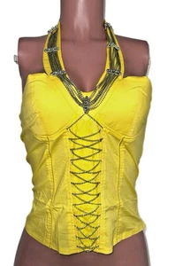 Y2K Giallo Catena Borchie Lacci Halter Top Vintage 2K Imbottito Strutturato Cosplay - Foto 1 di 2