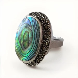 Beautiful Art Deco Green & Blue Abalone Marcasite 925 Sterling Silver Ring - Picture 1 of 8
