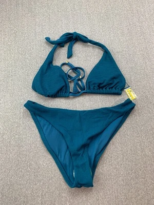 Biquíni Vitamina A corte alto 2 peças tamanho misto parte superior L parte inferior M azul-petróleo escuro com nervuras - Imagem 1 de 4