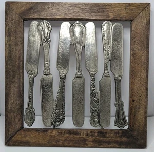 Mud Pie Wood Frame Metal Trivet Square 8.5" Interlocked Knife Cutlery Design New - Picture 1 of 9