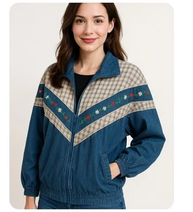 Stephanie K Womens Denim Full Zip Jacket  Embroidered Patch Work Size M Oversize - Picture 1 of 13