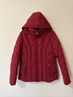 Calvin Klein Women’s Red Puffer Down Fill Jacket Coat Hooded Sz M Leopard Lined - Image 1 of 4