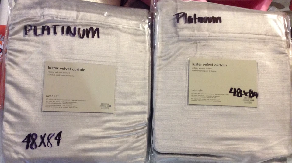 West Elm Two (2) Luster Velvet Curtains 48x84 Unlined NWT Platinum Gray Silver - Image 1 of 1