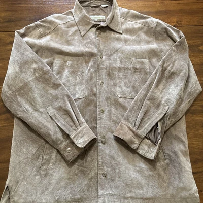 Vintage Perry Ellis Men's Size Large Leather Shirt Jacket Button Up Brown Suede - Image 1 of 4