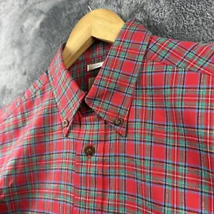 Viyella Mens Shirt 15.5 Red Tartan Plaid Short Sleeve Button Down Cotton Linen - Picture 1 of 14