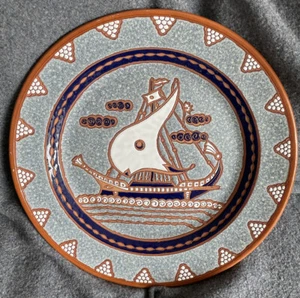 Dim Bonis Greek Handmade Pottery 16” Terracotta Plate Viking Ship Ceramics - Picture 1 of 5