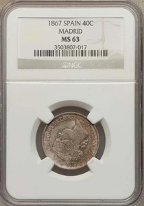 SPAIN ISABEL II 1867 40 CENTIMOS SILVER COIN UNCIRCULATED NGC CERTIFIED MS63 - Picture 1 of 4