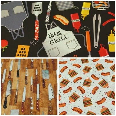 Patchworkstoff 100% Baumwolle 50x110 Thema Grillen Burger Messer Schürze  Senf - Bild 1 von 1