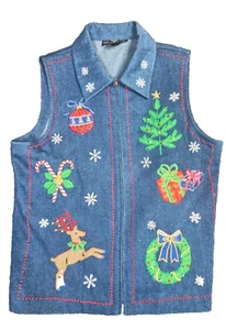 Vintage Anne Carson Vest Zip Front Denim Christmas Sz M - Picture 1 of 6