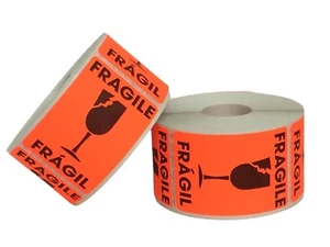 2x3 Fragile Fragil Red GLASS Shipping Handling Labels English/Spanish 1000 - Picture 1 of 5