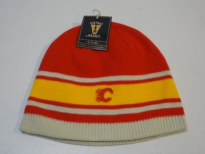 VTG NHL Calgary Flames LOGO Knit Skull Cap Beanie Hat CCM NEW NWT Striped - Image 1 of 2