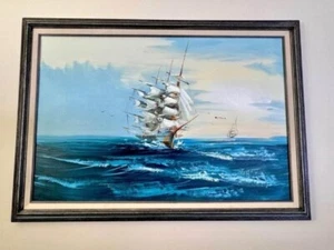 Vintage Framed Oil On Canvas Painting Nautical Boat Ocean Landscape Signed - Picture 1 of 3