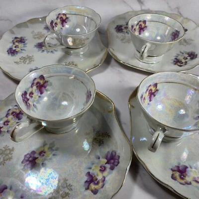 Vintage Royal Ainsley Yellow Lusterware Tea Cups & Plates Set of 4  Pansies 7750 - Image 1 of 4