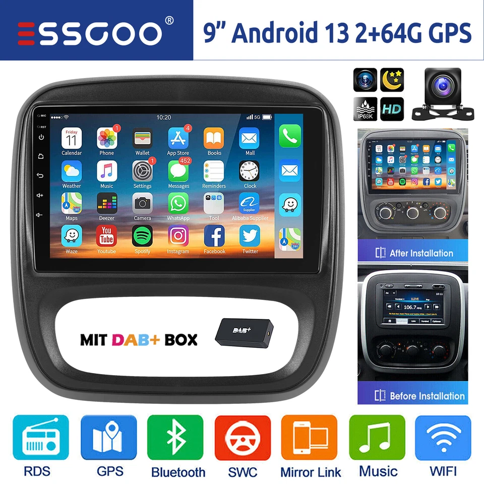 DAB+ CarPlay Autoradio Android 13 64G Navi Kamera Für Opel Vivaro B Fiat Talento - Bild 1 von 4