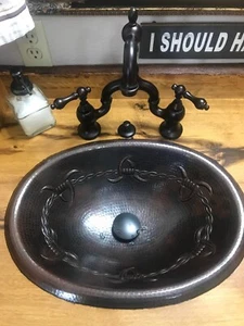 19" Rustic STARS Oval Copper Bath Sink STAR Design Drop In with Pop Up Drain - Picture 1 of 3