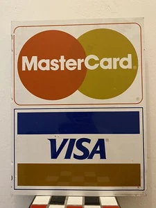 Lrg Vtg 1989 Flange Double-Sided Visa Mastercard Credit Metal Sign / G.B. Frank - Picture 1 of 5