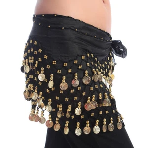 Black Belly Dance Hip Skirt Scarf Wrap Belt Hipscarf with Gold Coins US STOCK - Picture 1 of 5