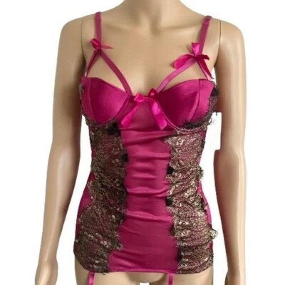 NWT Velvet Kitten Fuchsia Gold Lace Bustier Slip Garters Size S  - Image 1 of 4