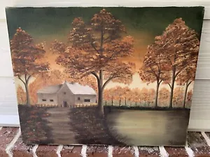 Signed Betty Taylor Painting Oil Original Painting Canvas Barn Lake Farm Fall - Picture 1 of 5
