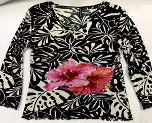 Chaudry KC Damenpullover Top schwarz & weiß mit einem Spritzer Pink & Perlen - Bild 1 von 9