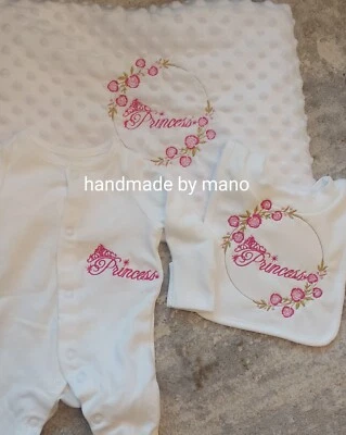 Newborn Baby Girl Princess Hospital Set Romany Blanket Sleepsuit Bib Christening - Image 1 of 2
