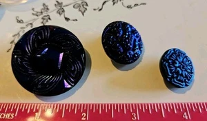 3 Vintage Iridescent Blues, Purple Luster Black Glass Button - Picture 1 of 6