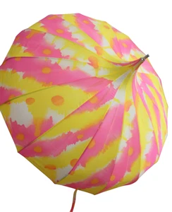 OMBRELLONE VINTAGE ROSA GIALLO BIANCO AMBRA NYLON MANICO BACHELITE FULL SIZE - Foto 1 di 13