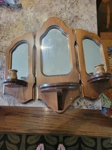 Vintage MCM Tri-fold Handcrafted Wooden Wall Sconce Mirror Candle Holders wood - Picture 1 of 5