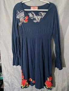 Johnny Was JWLA Women's Medium  Embroidered Blue Roses "Rock Revolution" Dress   - Picture 1 of 8