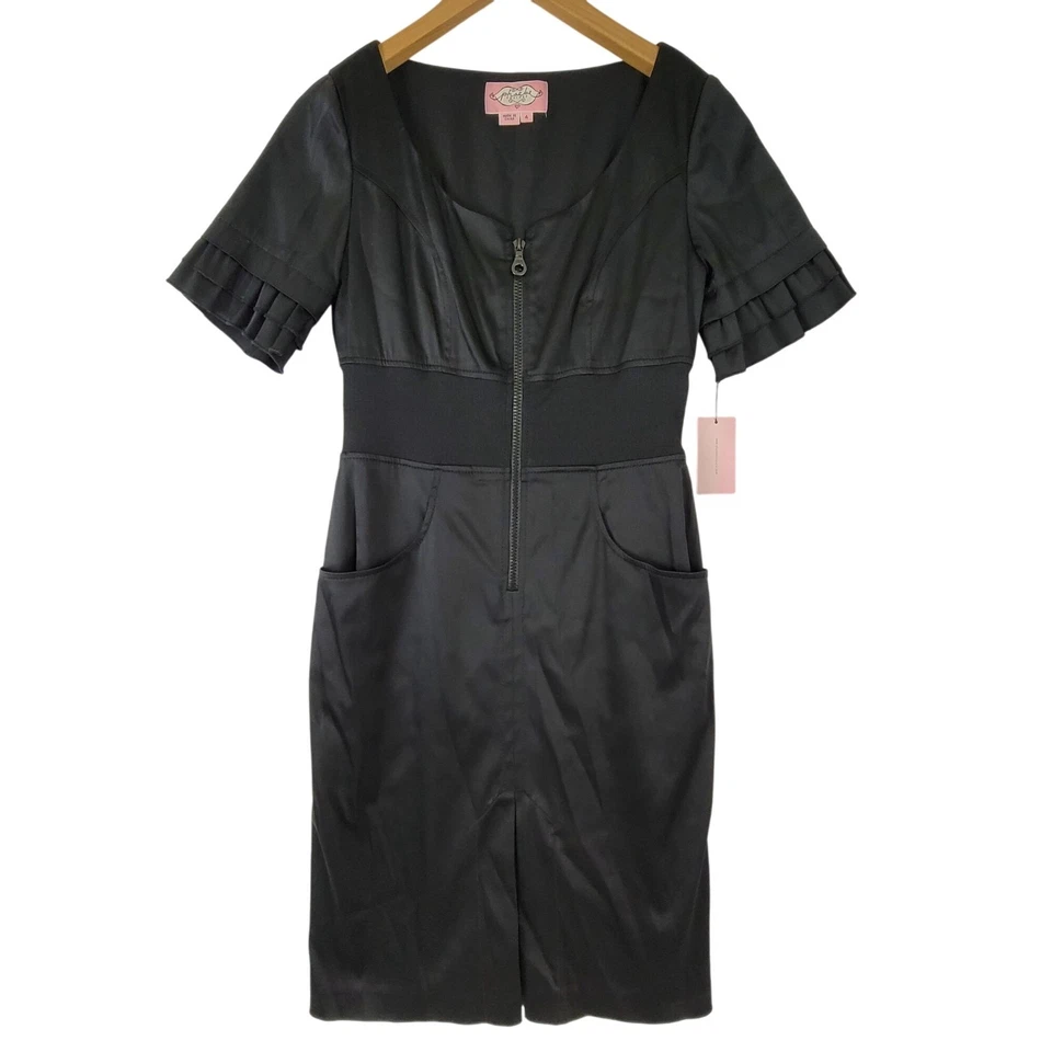 Nuevo con etiquetas Vestido Vaina Phoebe Couture Negro Satinado y Elástico Manga Corta Volantes Talla 4 Foto 1 de 4