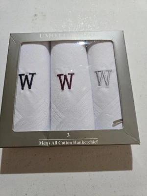 New In Box Of 3 Hand-Rolled White Hankerchief Embroidered Letter W 100% Cotton  - Image 1 of 2