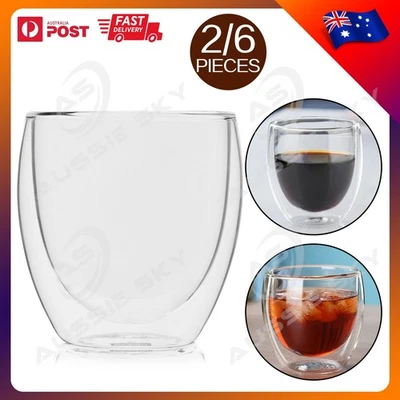 Set of 2/6 Double Wall Glass Coffee Cups 250ml Insulated Tea Latte Espresso Mugs - image 1 of 3